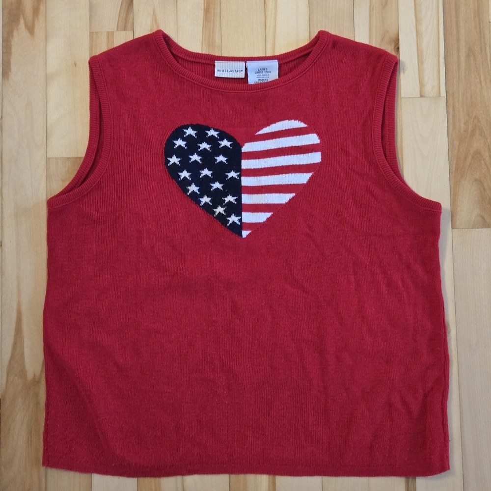 Red Womens Patriotic Flag Top with Heart Design White Stag Large 4th Of July